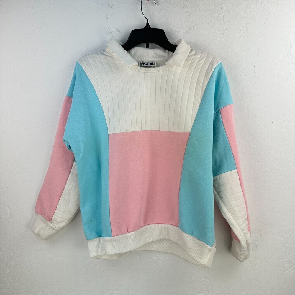 ACT III Sweatshirt Womens L White Pink Ribbed Knit Colorblock 80's Grandma‎ Core